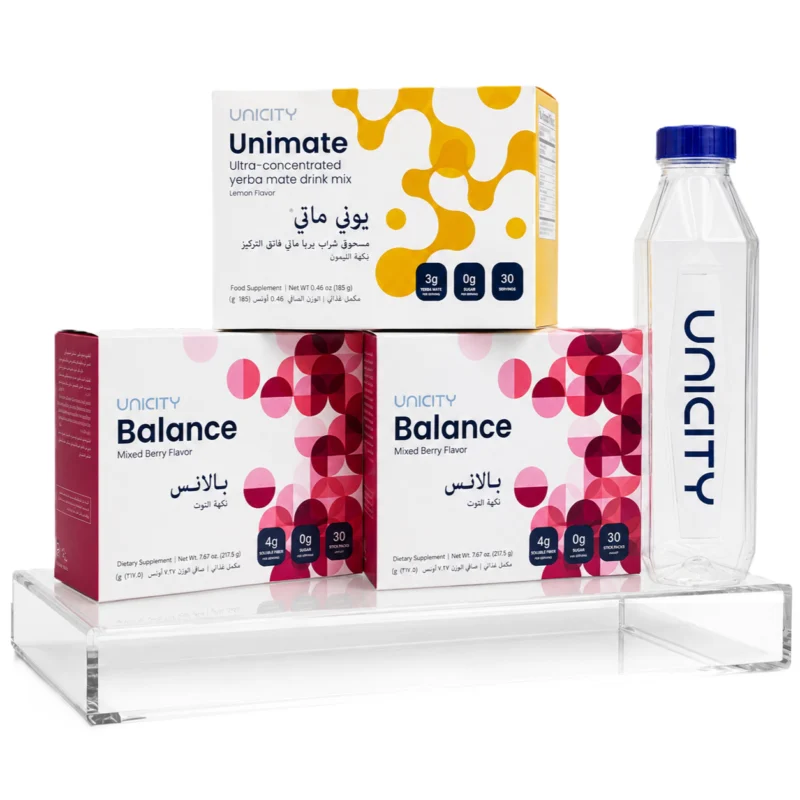 Feel Great 30-Day Program – Unimate Lemon & 2 Mixed Berry Balance Packs with Unicity Bottle